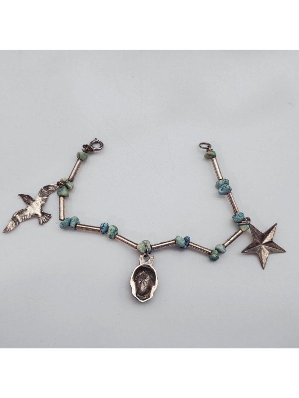 Native American Style Silver Tone Charm Bracelet Turquoise Beads Star Bird Face - Picture 8 of 8